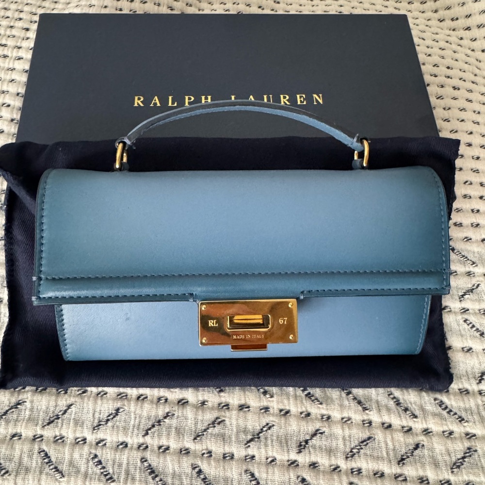 Ralph Lauren Blue Leather Wristlet Clutch with Gold Hardware - Picture 9 of 10